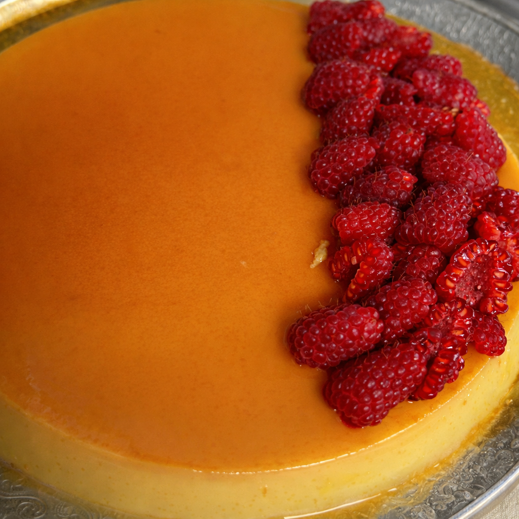 Caramel Flan with Raspberries