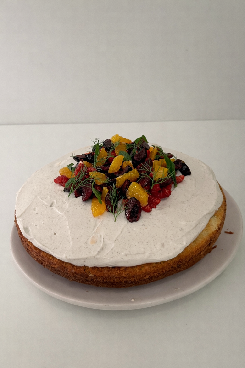 Olive Oil Cake. Cardamom Whipped Cream. Macerated Stone Fruit.