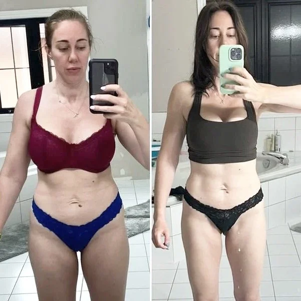 Side-by-side mirror selfies of a woman in a bathroom, showing her before and after weight loss progress. She is wearing different bras and underwear in each photo.
