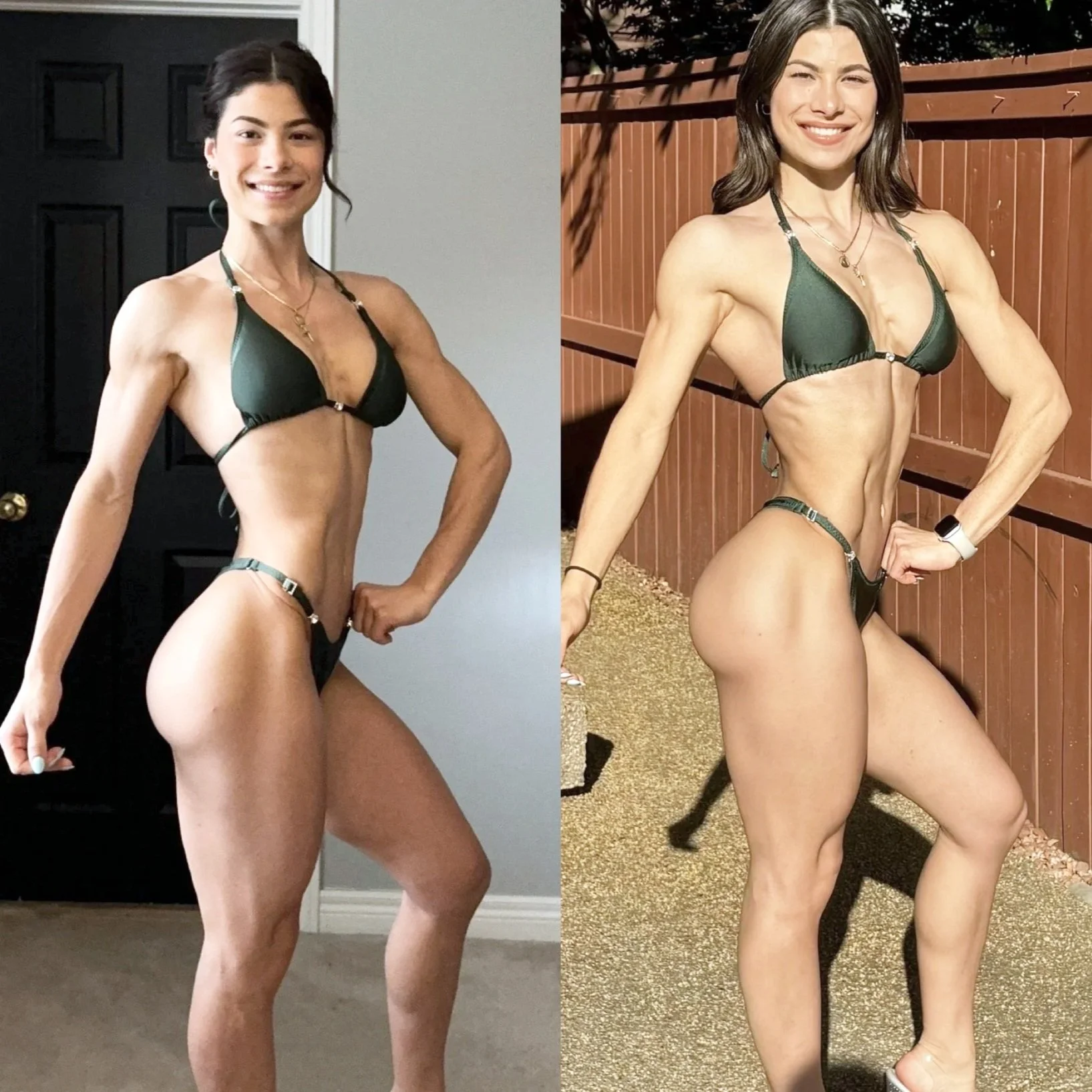 Side-by-side comparison of a woman in a green bikini, showing her fitness progress. In the left photo, she stands indoors in front of a black door with a neutral background, smiling with her right arm on her hip. In the right photo, she stands outdoors against a wooden fence, smiling with her left hand on her hip, showcasing muscular definition.