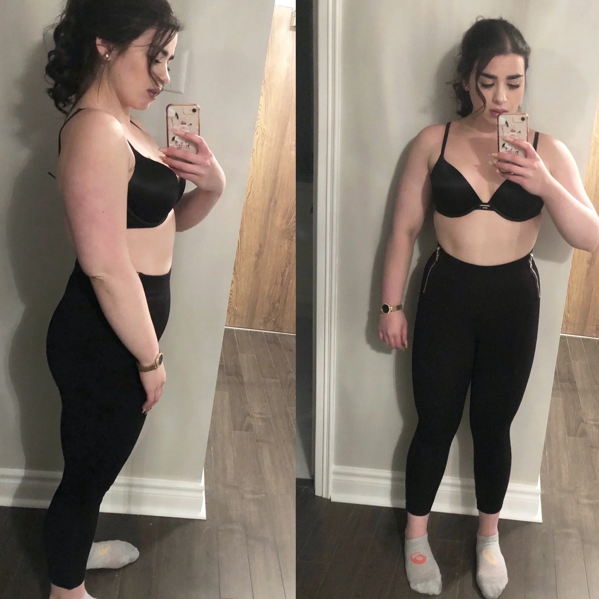 Side and front view of a woman taking mirror selfies, wearing black sports bra and leggings, showing body transformation.