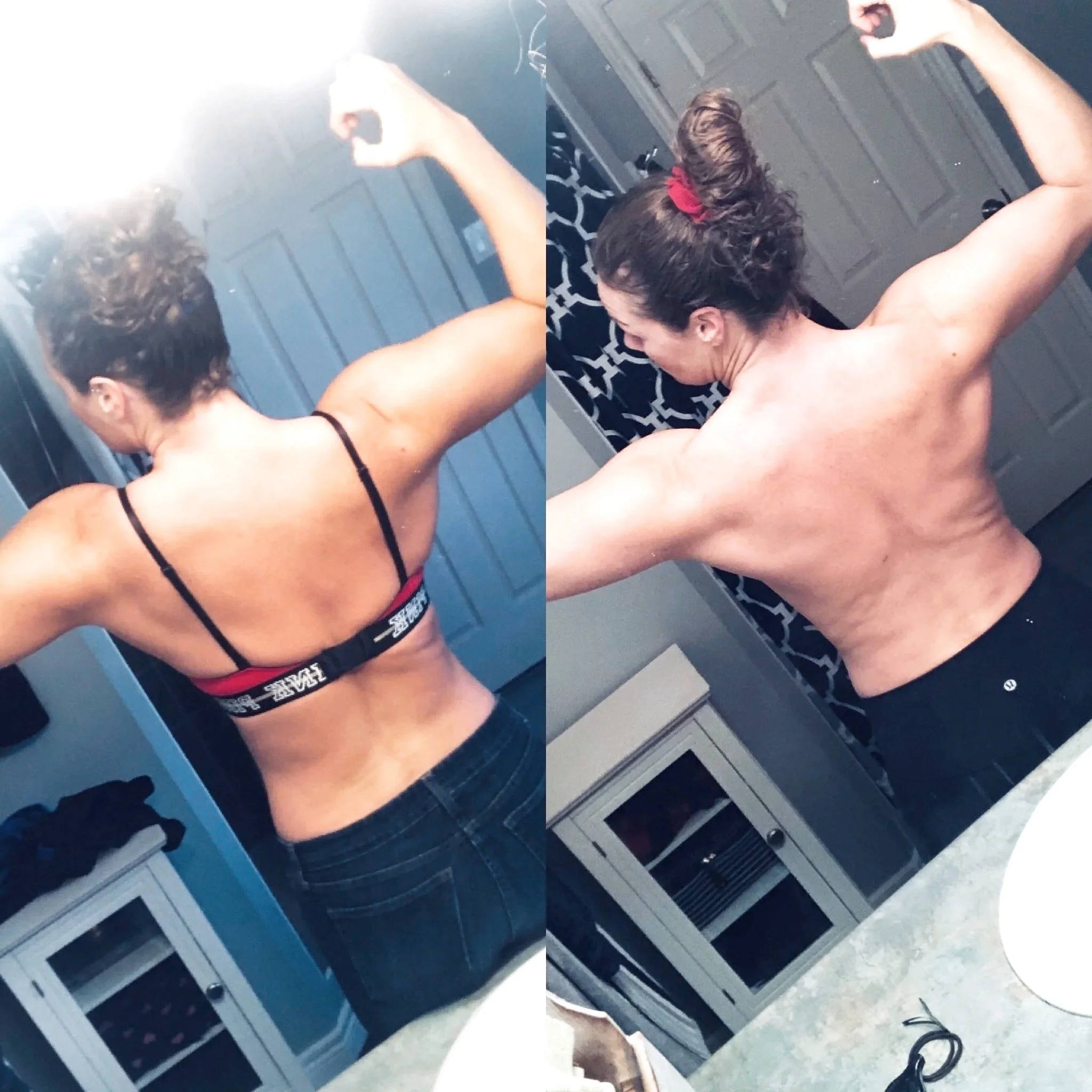 Side-by-side mirror selfies of a woman flexing her back and arm muscles, taken in a bathroom. She has curly hair tied up with a red scrunchie and is wearing a black sports bra and black pants.