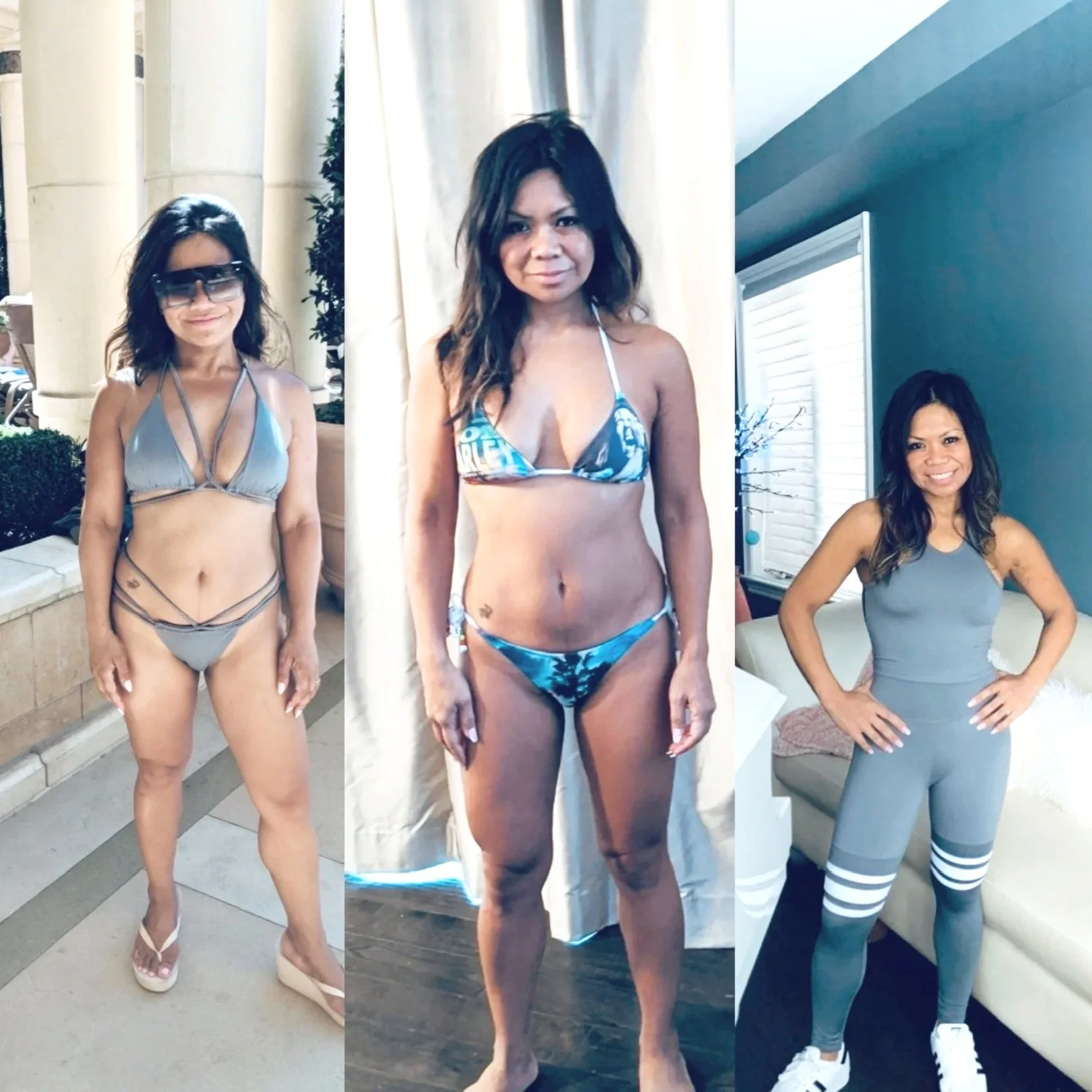 Three different women in casual and swimwear outfits: one in a gray bikini with wooden wedge sandals outdoors, one in a blue patterned bikini indoors, and one in a gray workout outfit indoors.