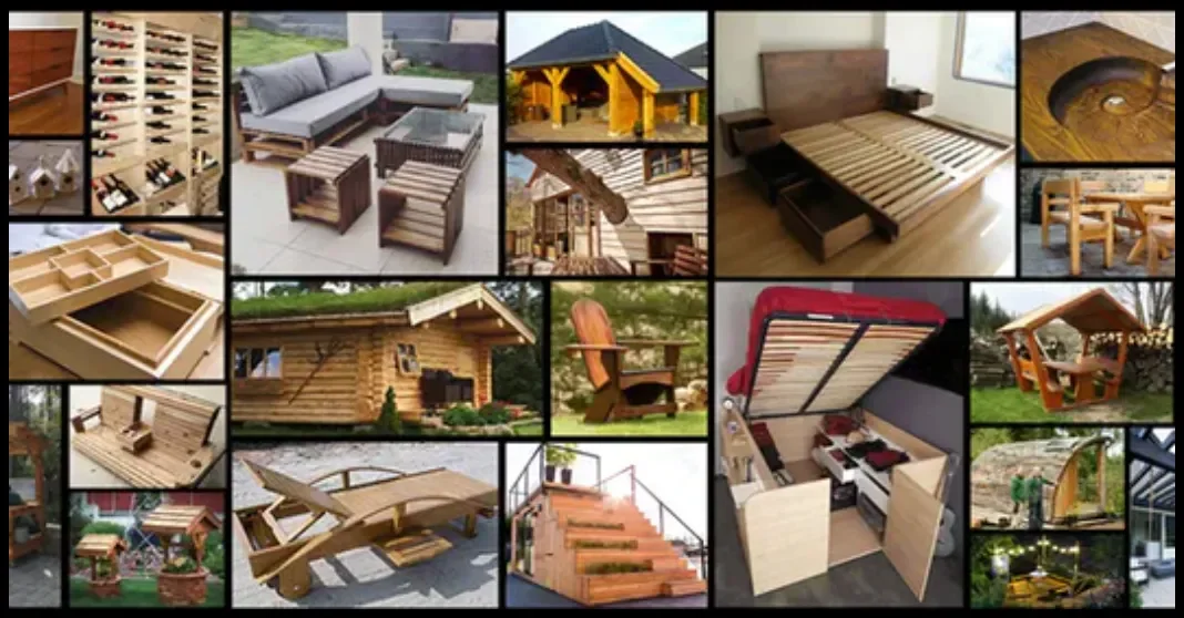 Collage of various wooden furniture and outdoor structures, including a wine rack, outdoor seating, a playhouse, a bed frame, a kitchen sink, a storage drawer, an Adirondack chair, a patio table, a staircase, a foldable table, and a gazebo.