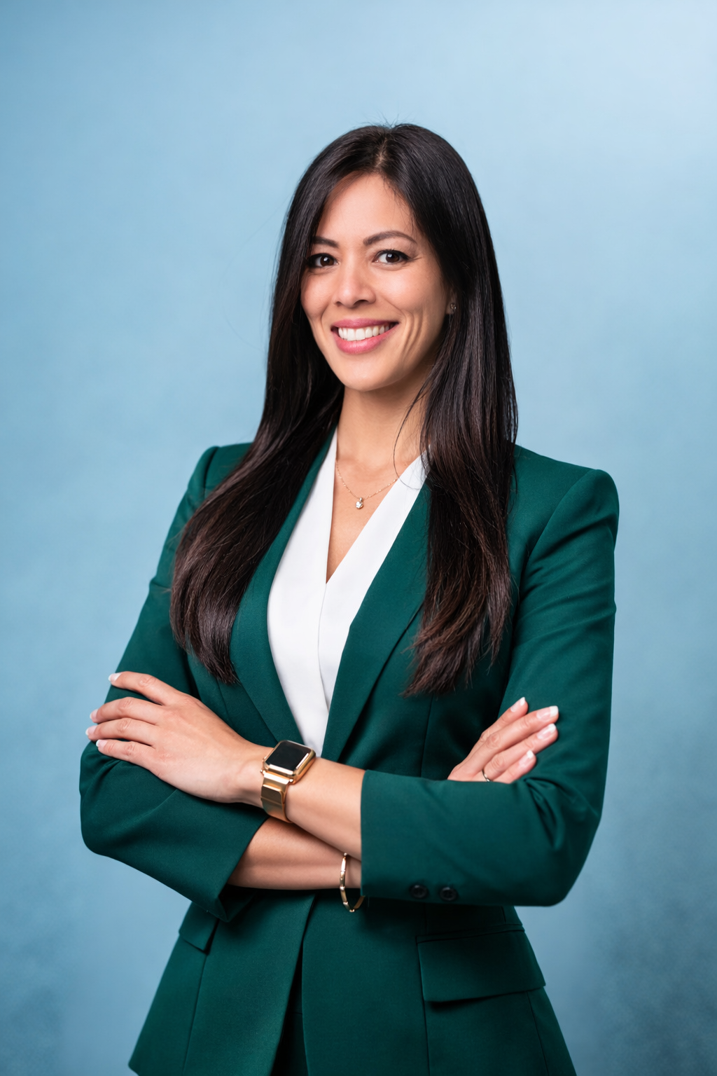 A woman with long dark hair smiling, wearing a green blazer and white blouse, standing with arms crossed against a light blue background.