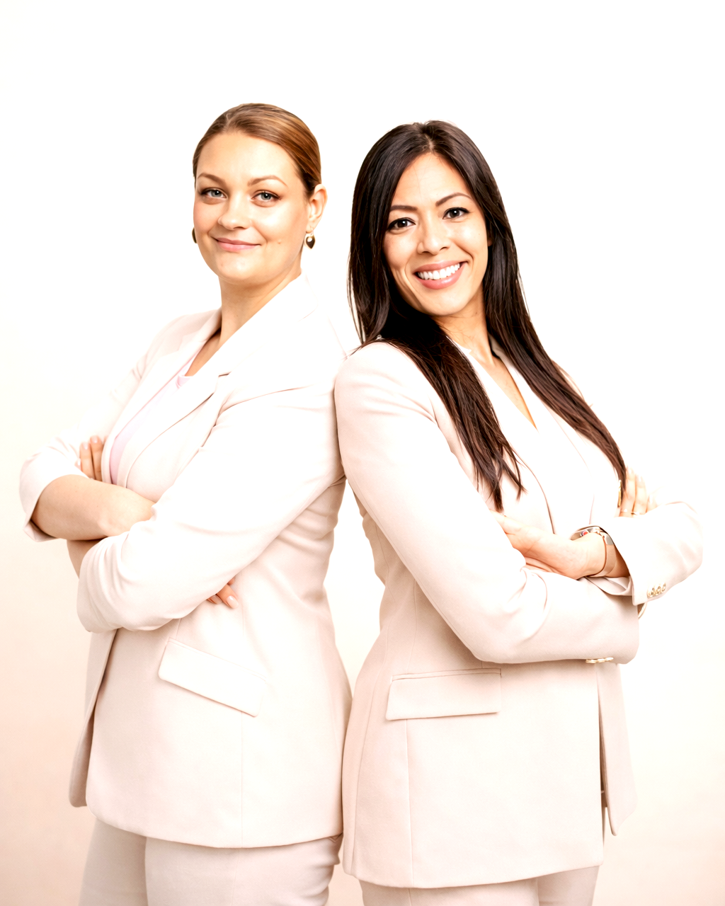 Two women in beige suits standing back to back with arms crossed, smiling, against a white background.