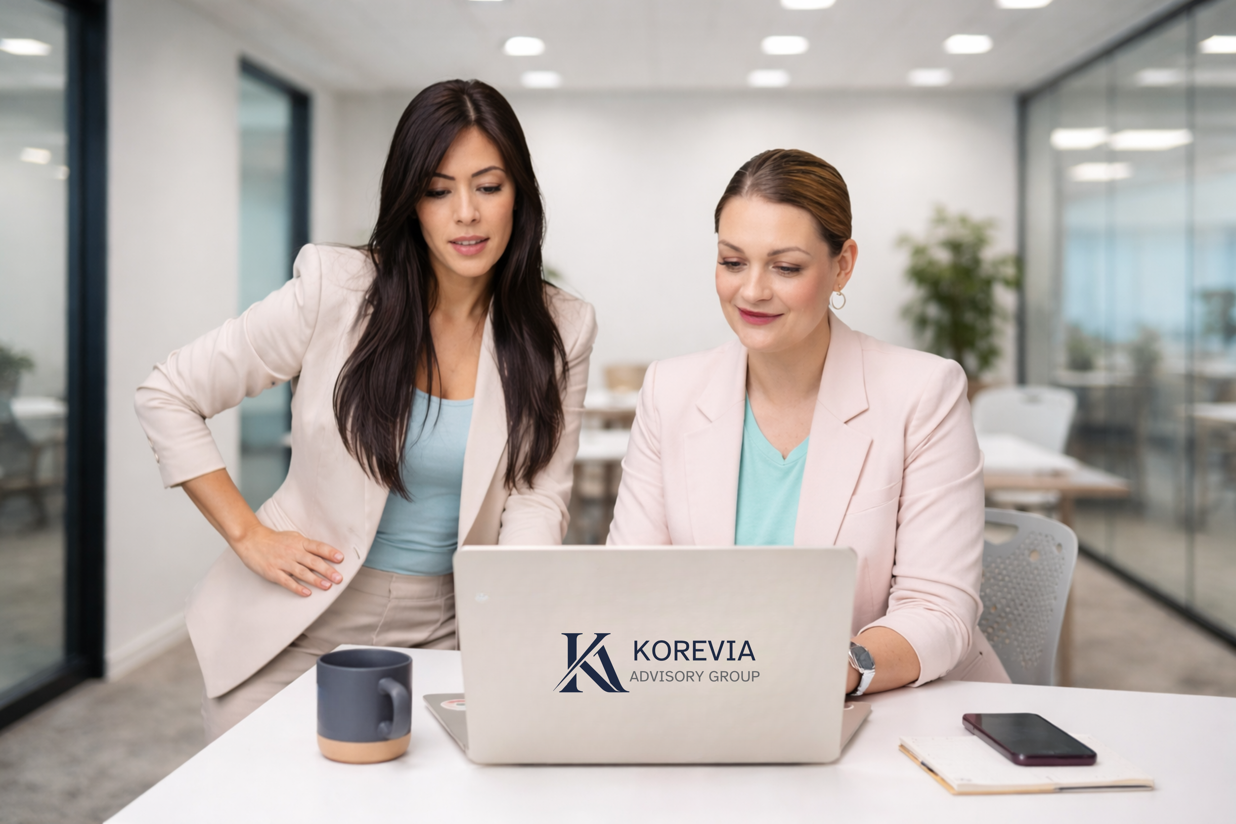 Two women in business attire working together in an office, looking at a laptop with the logo 'Korevia Advisory Group' on it.