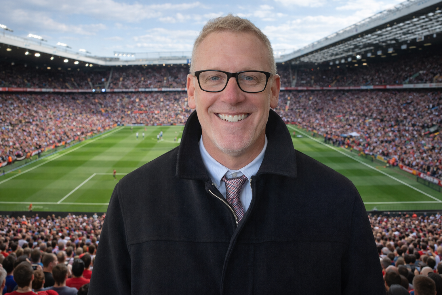 A man smiling, wearing glasses, a black jacket, and a tie, in a stadium full of spectators with a soccer field in the background.
