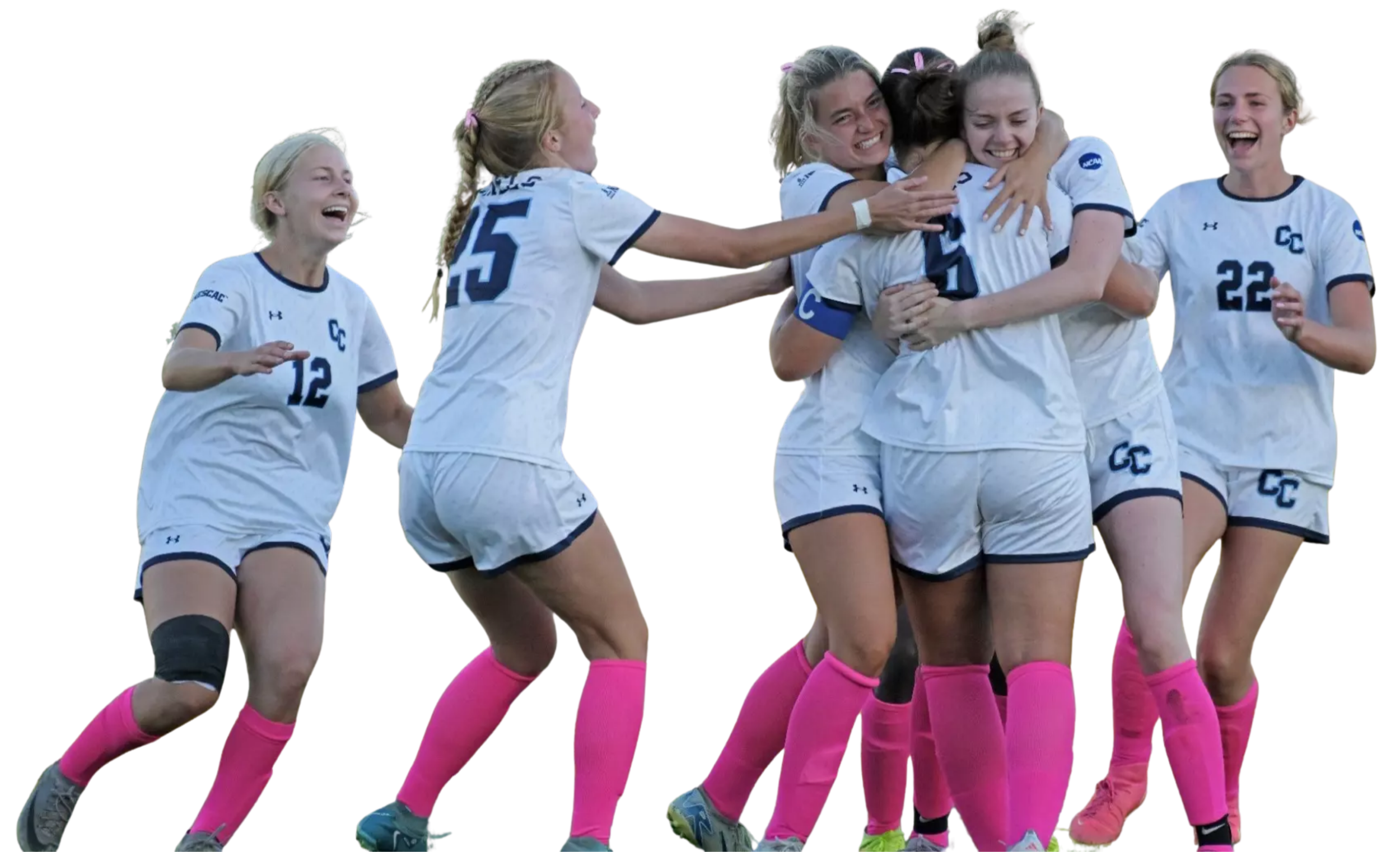 A group of female volleyball players in white uniforms and pink knee-high socks celebrating, hugging, and smiling.