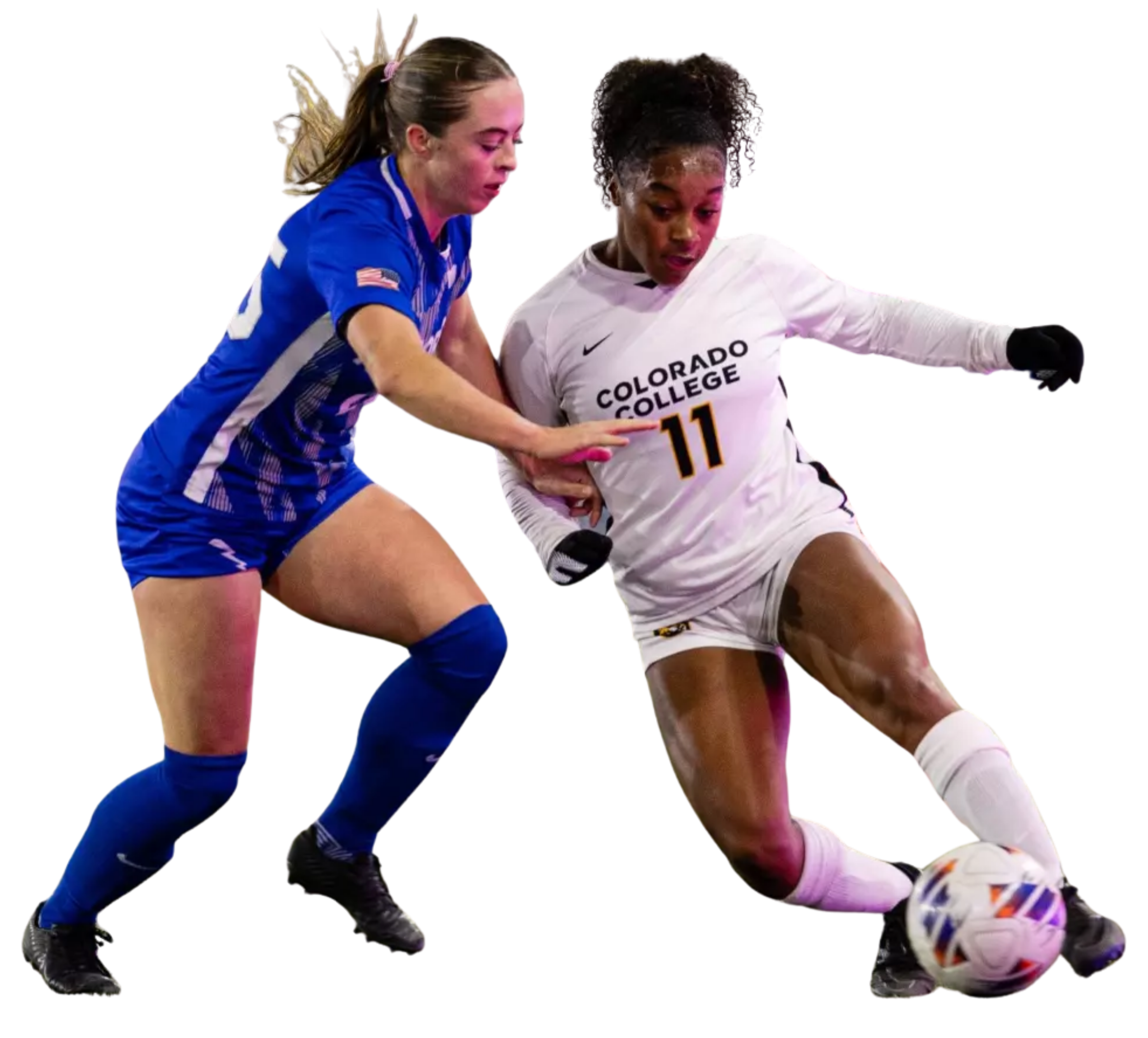 Two female soccer players competing for ball, one in blue jersey and the other in white jersey with 'Colorado College' and number 11.