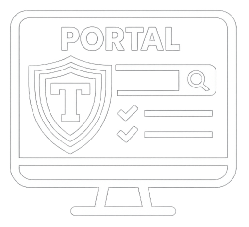 Illustration of a computer monitor displaying a cybersecurity portal with a shield and lock icon, checkmarks, a search bar, and navigation elements.