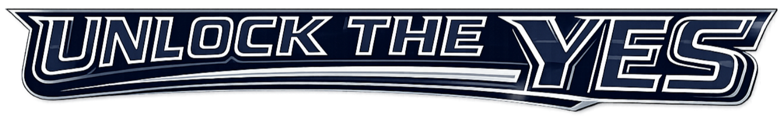 Logo with the text "UNLOCK THE YES" in bold, stylized font with a futuristic design.