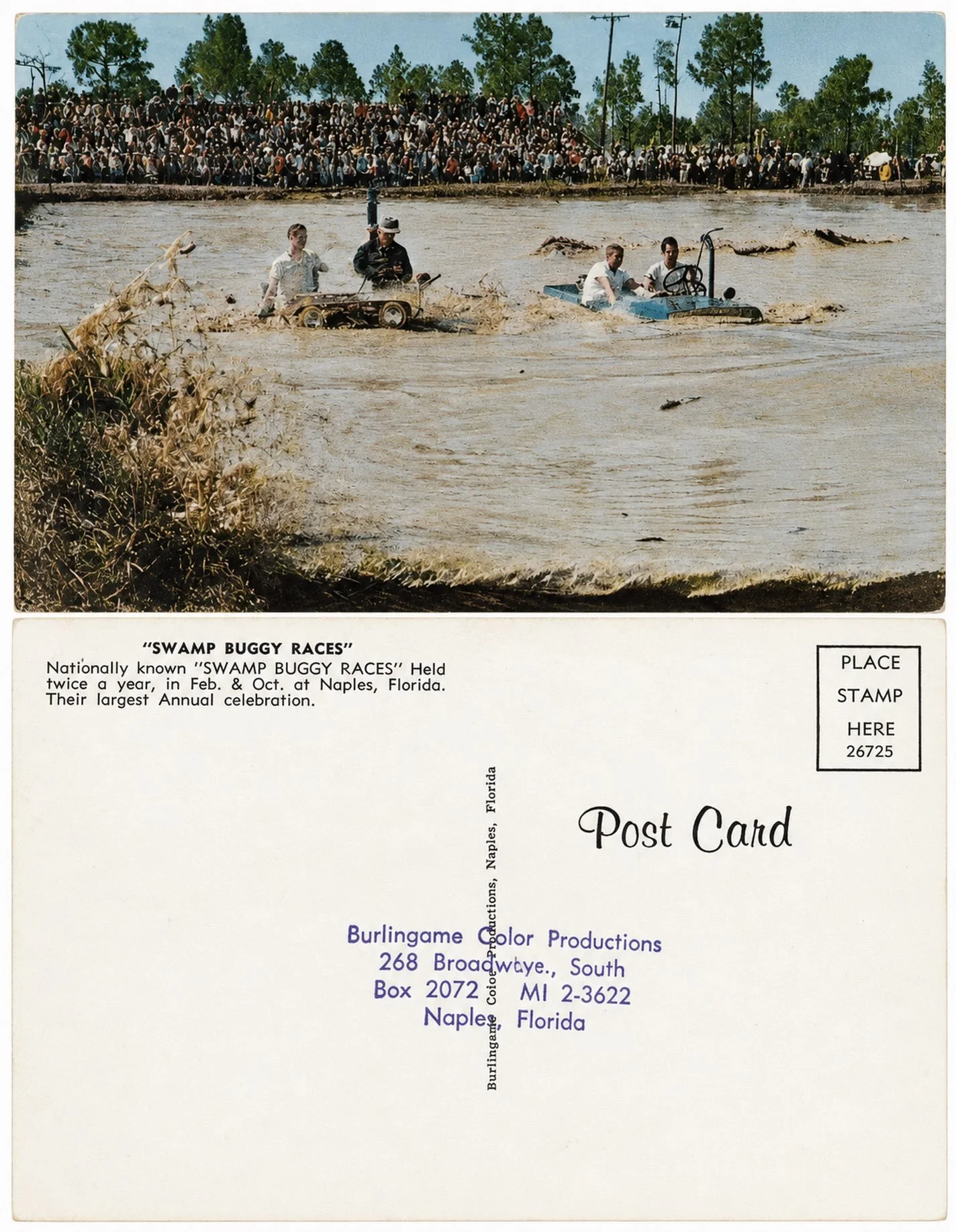 NAPLES SWAMP BUGGY RACES &mdash; likely 1960s&ndash;early 1970s; postcard courtesy of Duke Turner

Before swamp buggy racing became an established motorsport, the vehicles served a practical purpose. Hunters and other South Florida residents built sw