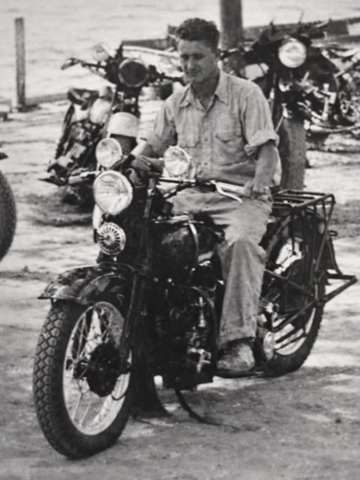 Archie Turner, Sr. on Motorcycle
Tarpon Club, Venice, Florida
Late 1930s &ndash; Early 1940s

Archie Turner Sr, riding motorcycle near the Tarpon Club in Venice, Florida.

Venice was still a small coastal fishing community, and the Tarpon Club area s