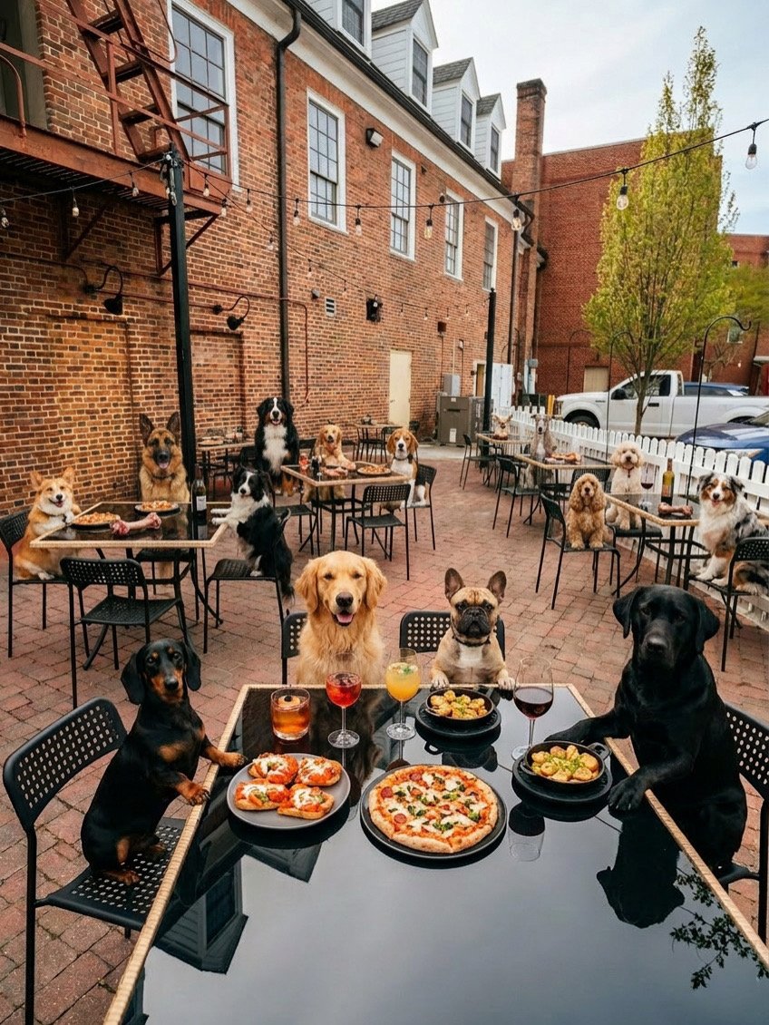Dogs sitting at outdoor tables with food and drinks, some of which are sitting on chairs and others at a table with pizza, pasta, and beverages, in a patio area with string lights and brick walls.
