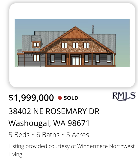 Illustration of a large house with a porch, multiple windows, and a peaked roof, listed for sale in Washougal, Washington.
