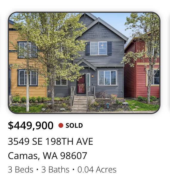 Front view of a gray, two-story house with front steps, surrounded by a small garden with trees, in a residential neighborhood.
