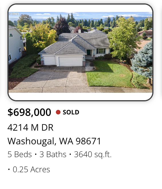 Aerial view of a single-family house with a gray roof, attached garage, driveway, green lawn, and mature trees in the neighborhood with other houses nearby.