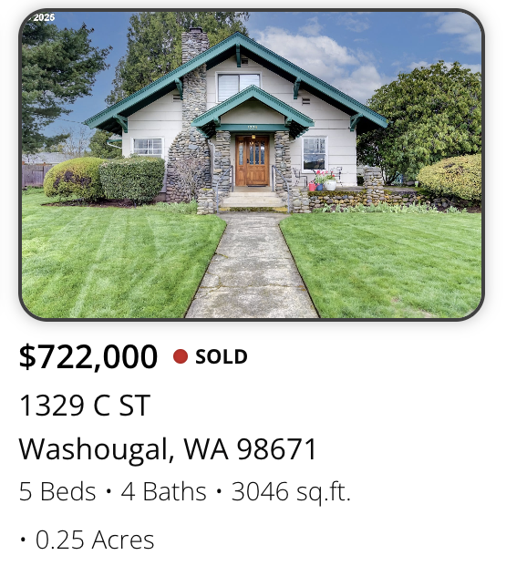 Front view of a house with a stone and white exterior, green roof, and a wooden front door, surrounded by a well-maintained lawn and bushes.