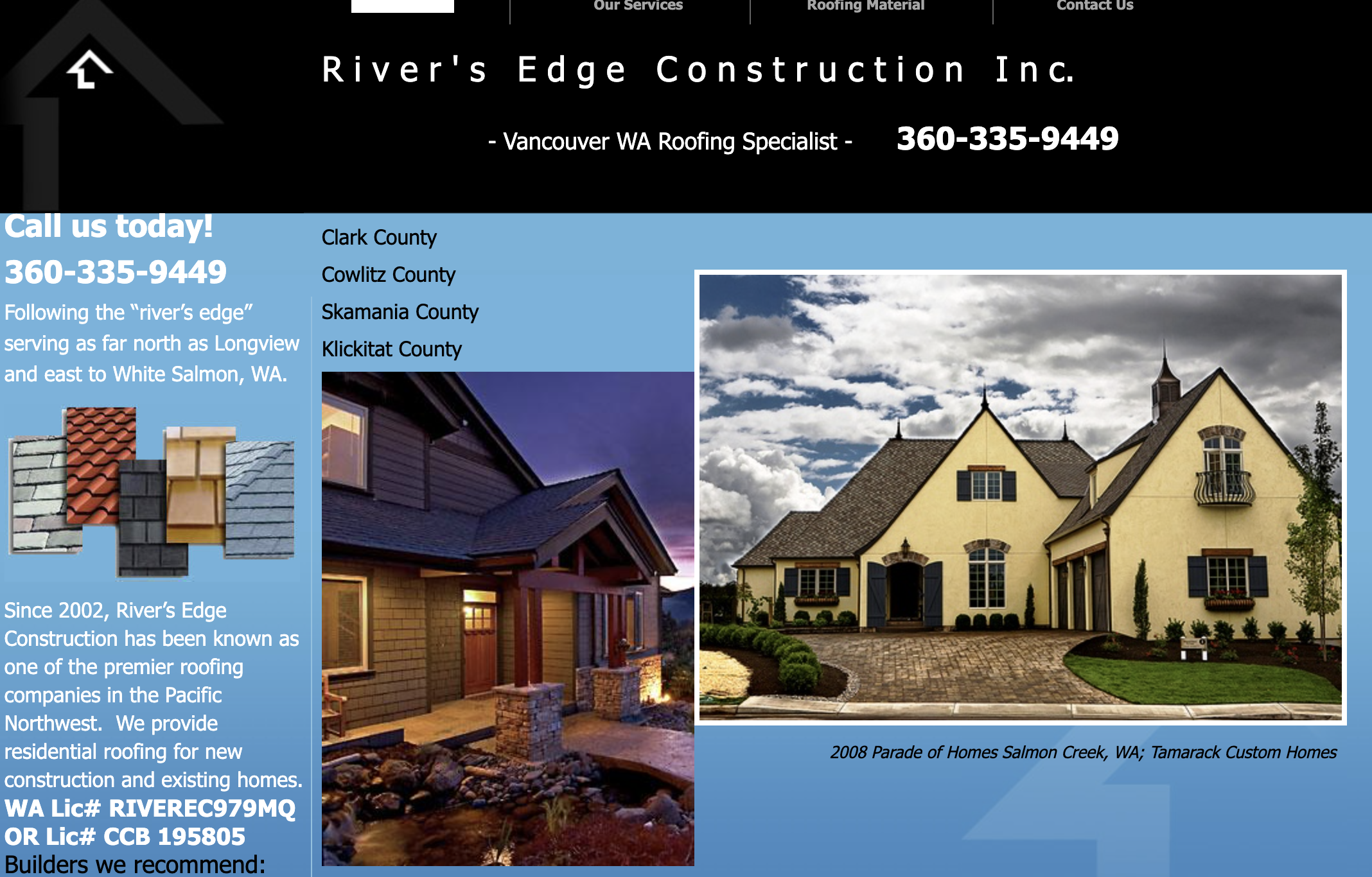 Flyer for River's Edge Construction Inc. featuring a photo of a yellow house with a European style, a photo of a modern dark-colored house at night, and roofing materials with a phone number 360-335-9449.