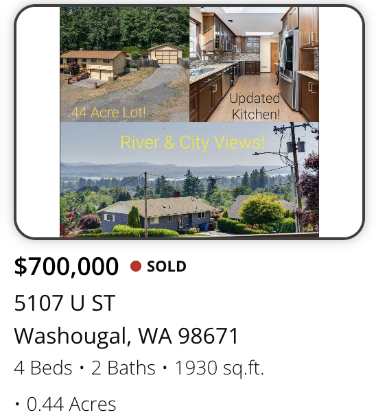 Collage of images showing a 44-acre lot with houses, an updated kitchen, and river and city views, for a property listed in Washougal, Washington.