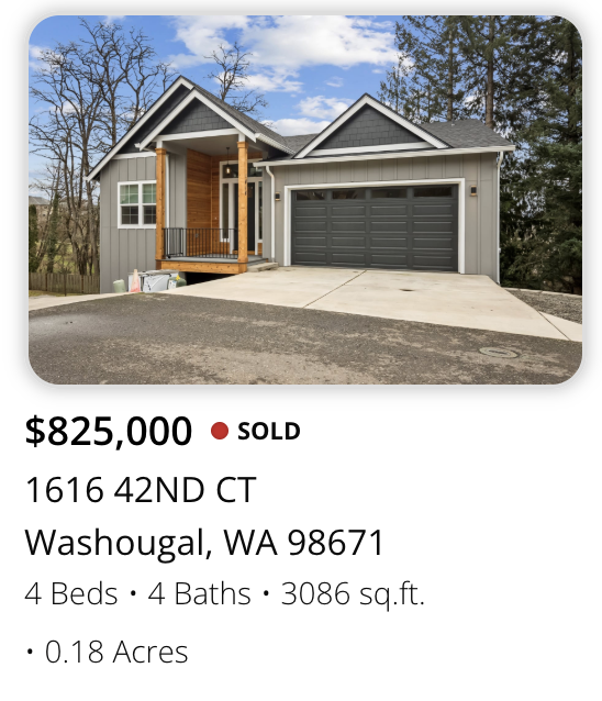 Front view of a modern house with gray exterior, attached garage, small porch with wooden columns, and concrete driveway, located in Washougal, Washington.