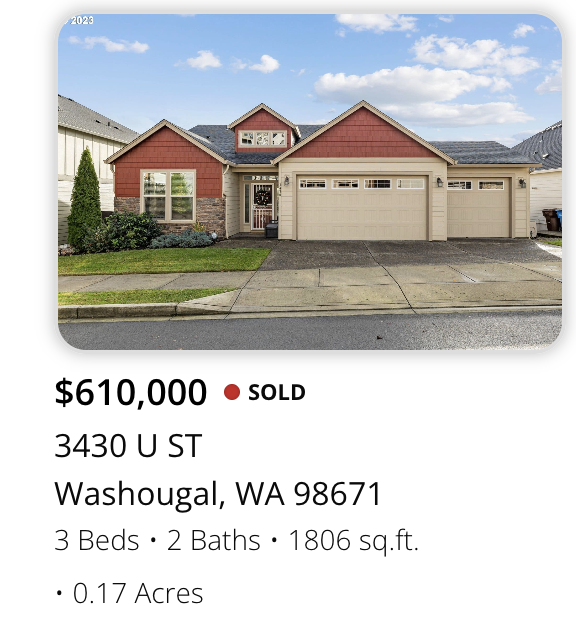 Front view of a house with a two-car garage, landscaped yard, and a sidewalk in Washougal, Washington.
