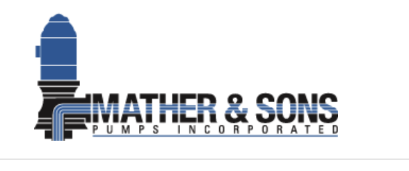 Logo for Mather & Sons Pumps Incorporated, featuring a blue water pump graphic and bold black text.