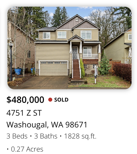 A two-story house with a beige exterior, dark roof, and front stairs. It has a garage, front porch, and is surrounded by a small lawn and neighboring homes.