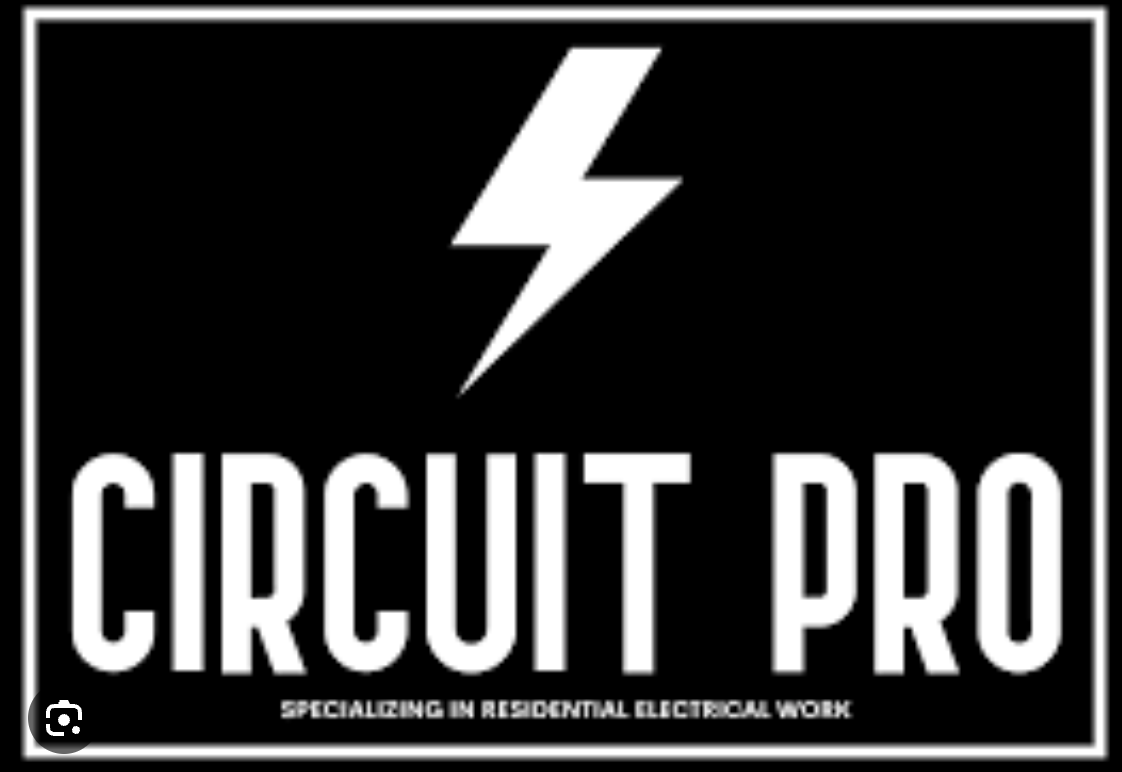 Black and white logo with a lightning bolt and the words 'CIRCUIT PRO' and 'Specializing in Residential Electrical Work'.