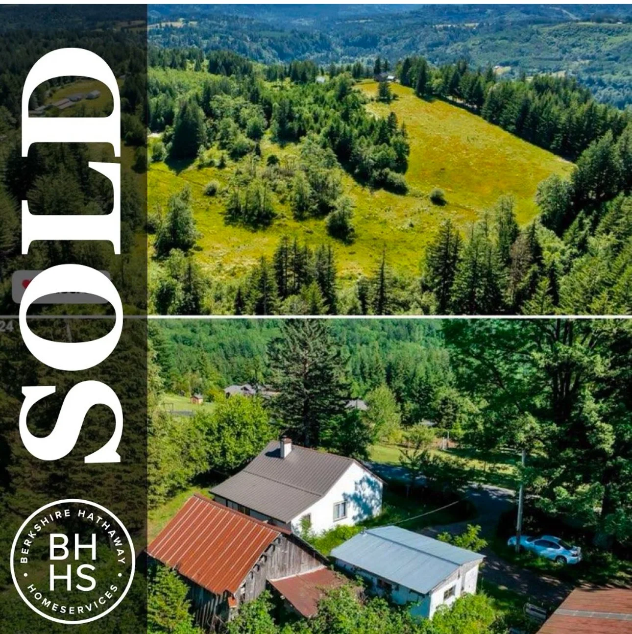 A rural Washougal home sold by Kelly Craig Graham. A split view of a green hillside with trees and open meadow at the top, and a farmstead with houses and cars among trees at the bottom, promoting Berkshire Hathaway HomeServices Real Estate.