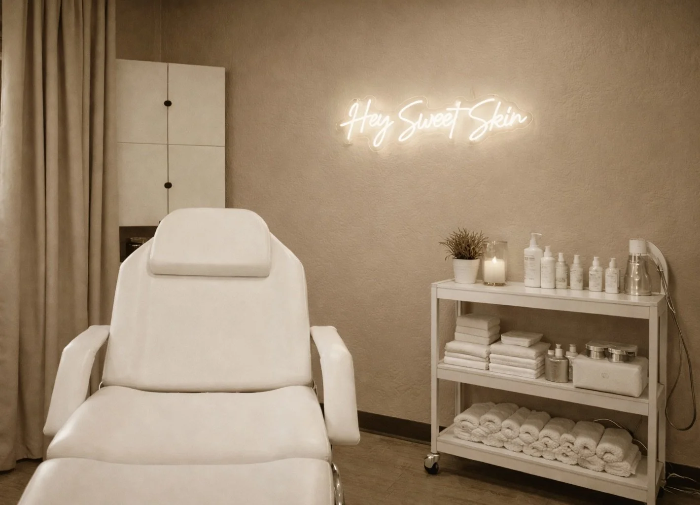 A spa or beauty treatment room with a white treatment chair, a white shelving unit filled with towels and skincare products, and a neon sign on the wall that says 'Hey Sweet Skin'.