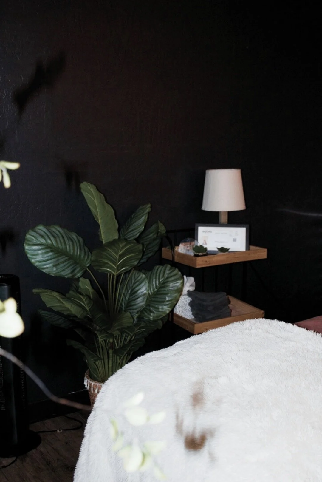 A cozy bedroom corner featuring a large green potted plant with broad leaves, a small wooden side table with folded towels, a framed certificate or artwork, a small succulent, and a table lamp with a white shade. The bed in the foreground has a fluff