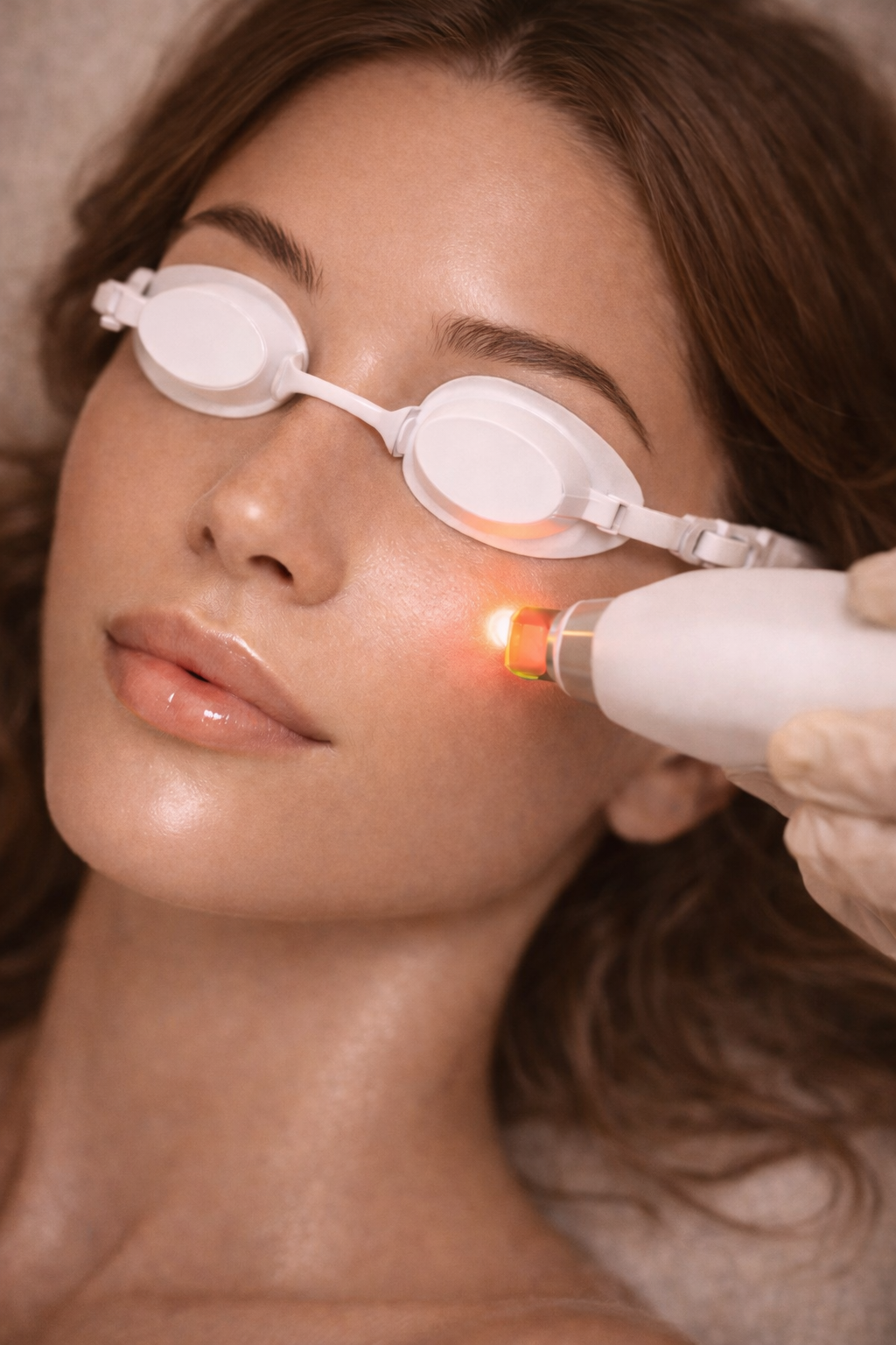 A woman with brown hair receiving a laser skin treatment on her cheek while wearing protective eye goggles.