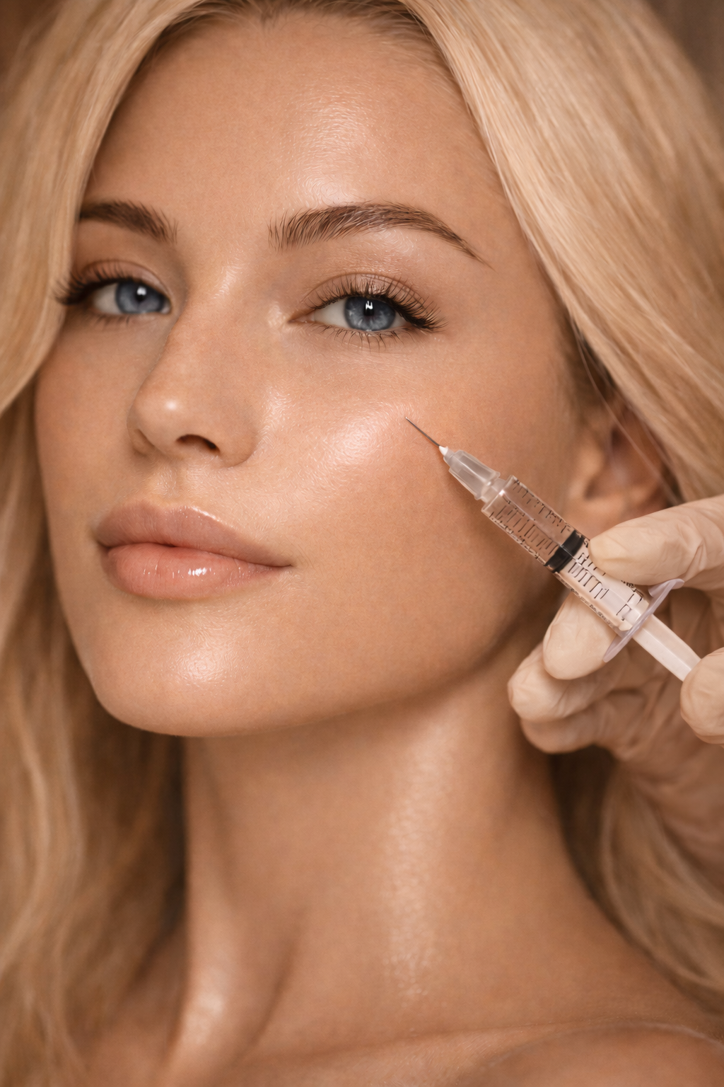 A woman with blonde hair receives a cosmetic injection in her cheek from a medical professional wearing gloves.