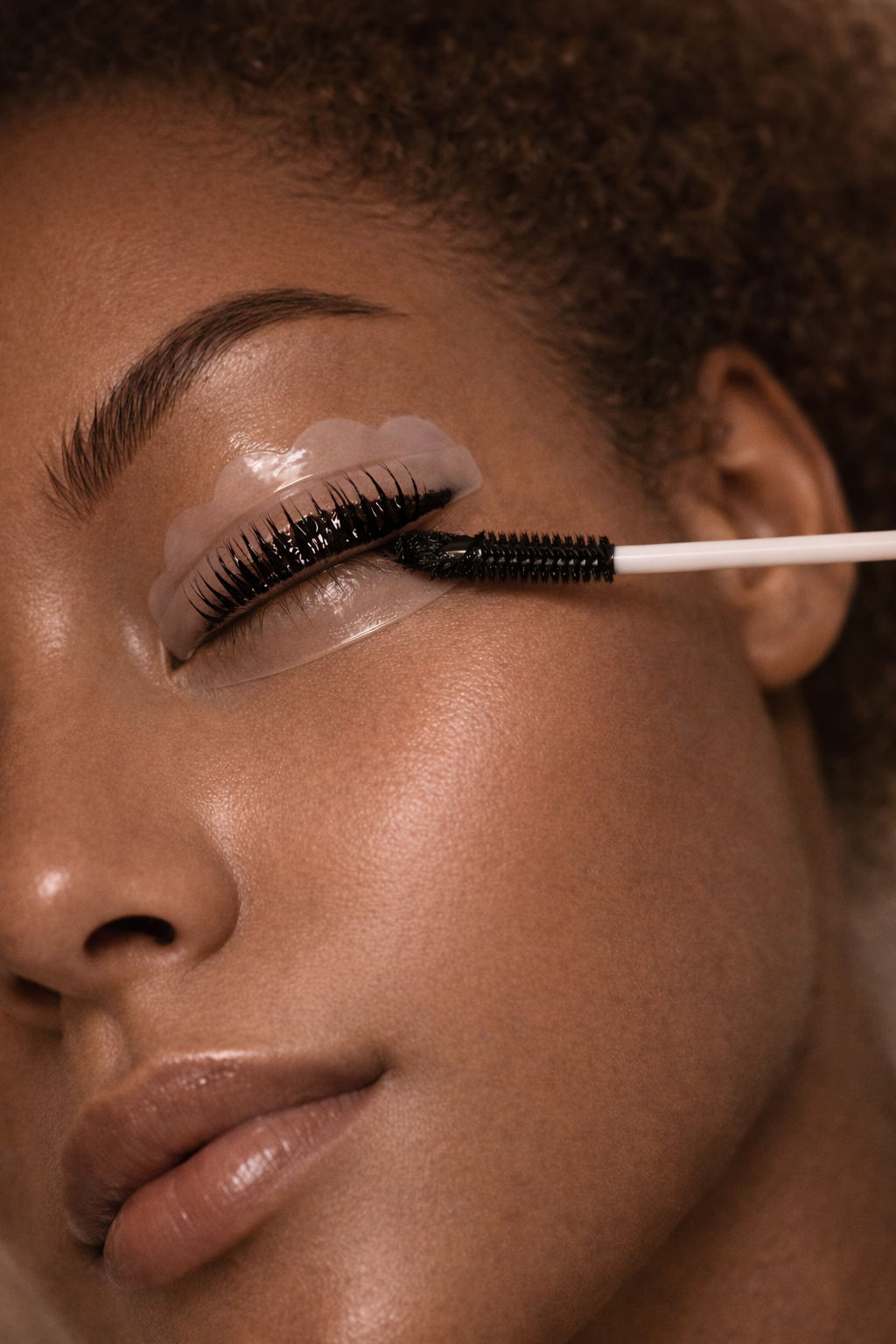 A woman applies mascara to her eyelashes with a wand, with protective eye patches under her eyes, close-up of her face.