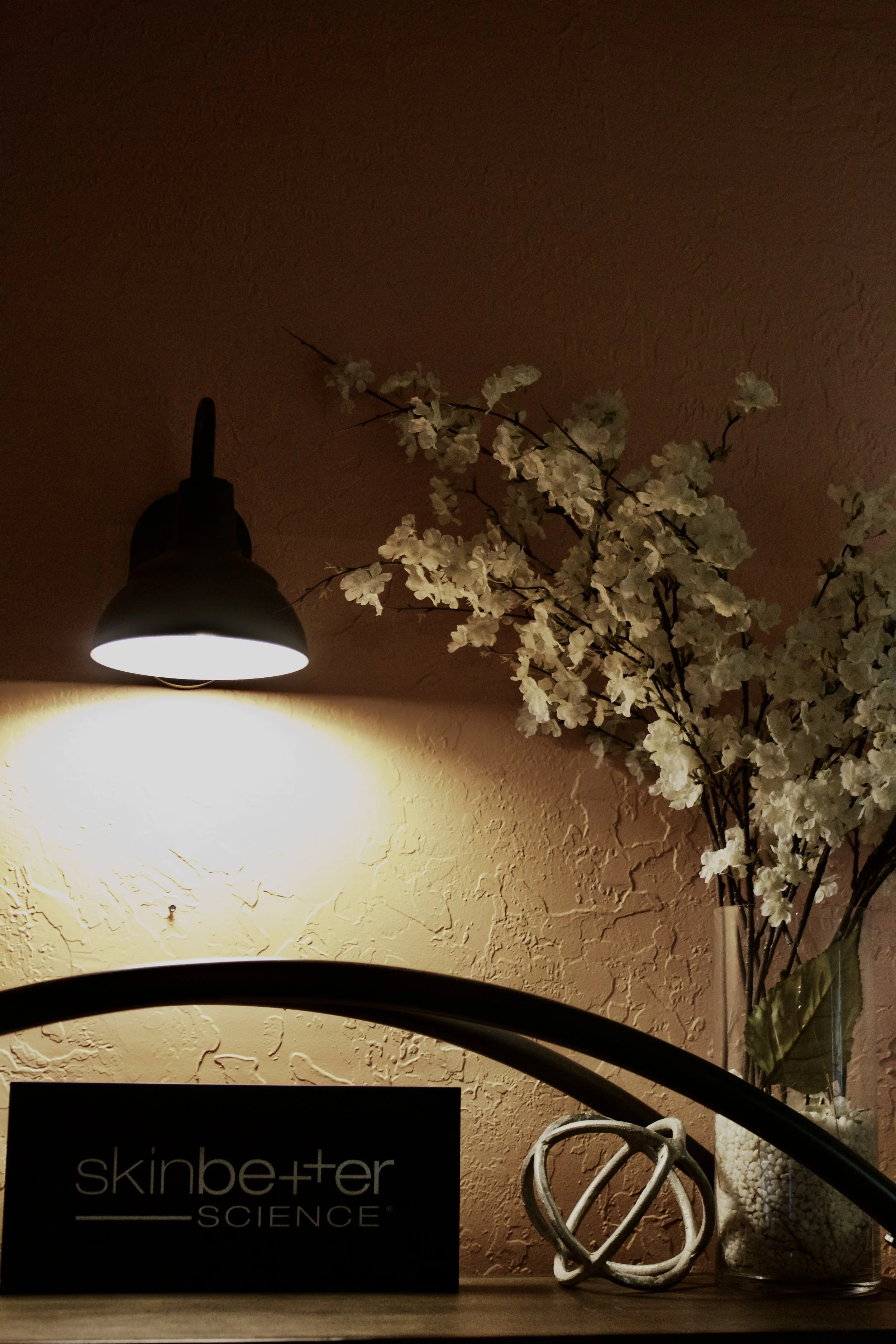 A lit black wall lamp illuminating a beige textured wall. A tall glass vase with white artificial cherry blossom branches and green leaves is placed on a surface to the right. A small black sign with gold text reads 'skinbetter SCIENCE'. A decorative