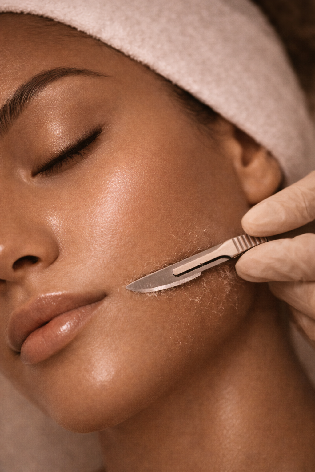 A person with closed eyes receiving a facial treatment, lying down with a towel wrapped around their head. A gloved hand holds a small, sharp tool near their cheek for skin care or hair removal.