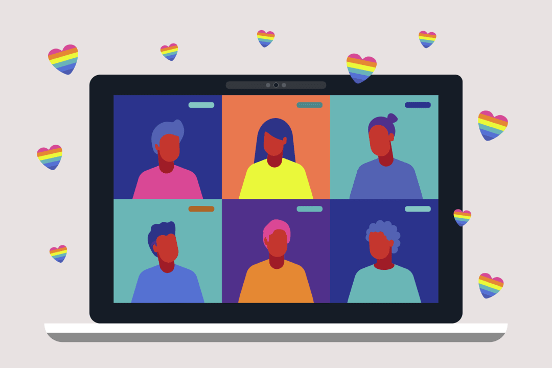 Illustration of a laptop screen showing a video call with six diverse participants. Rainbow heart emojis are floating around the laptop.
