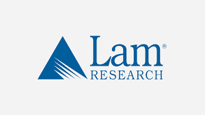 Lam Research logo with blue text and stylized triangular symbol