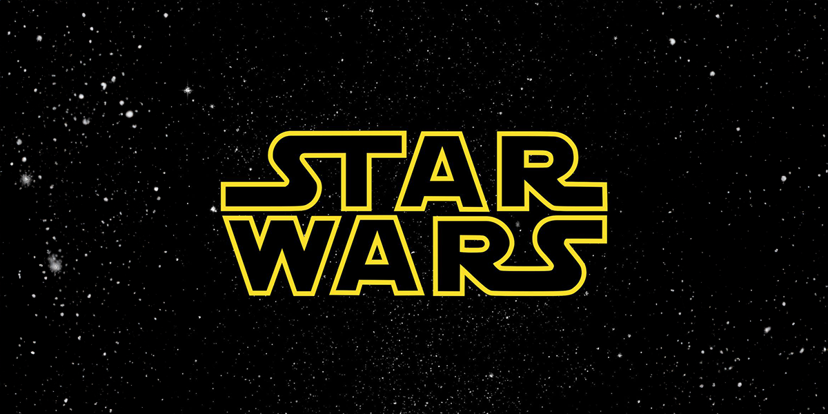 Star Wars logo in yellow outline against a starry black background.