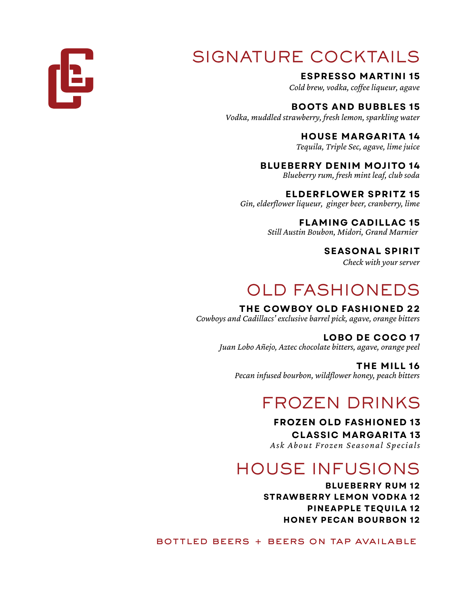 A bar menu listing signature cocktails, old fashioned drinks, frozen drinks, and house infusions with their prices and descriptions.