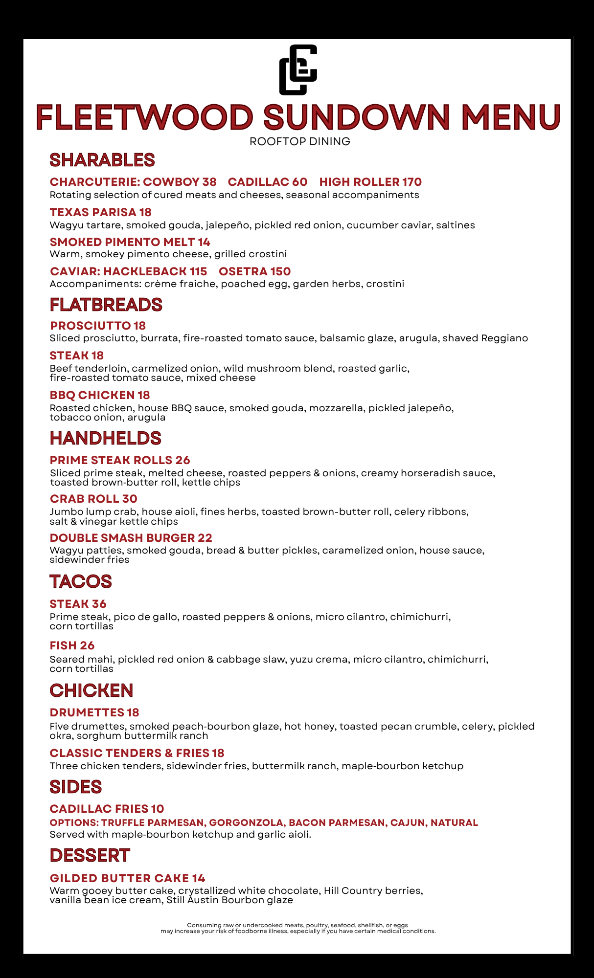 Fleetwood Sundown Menu featuring rooftop dining with sharables, flatbreads, handholds, tacos, chicken, sides, and dessert.