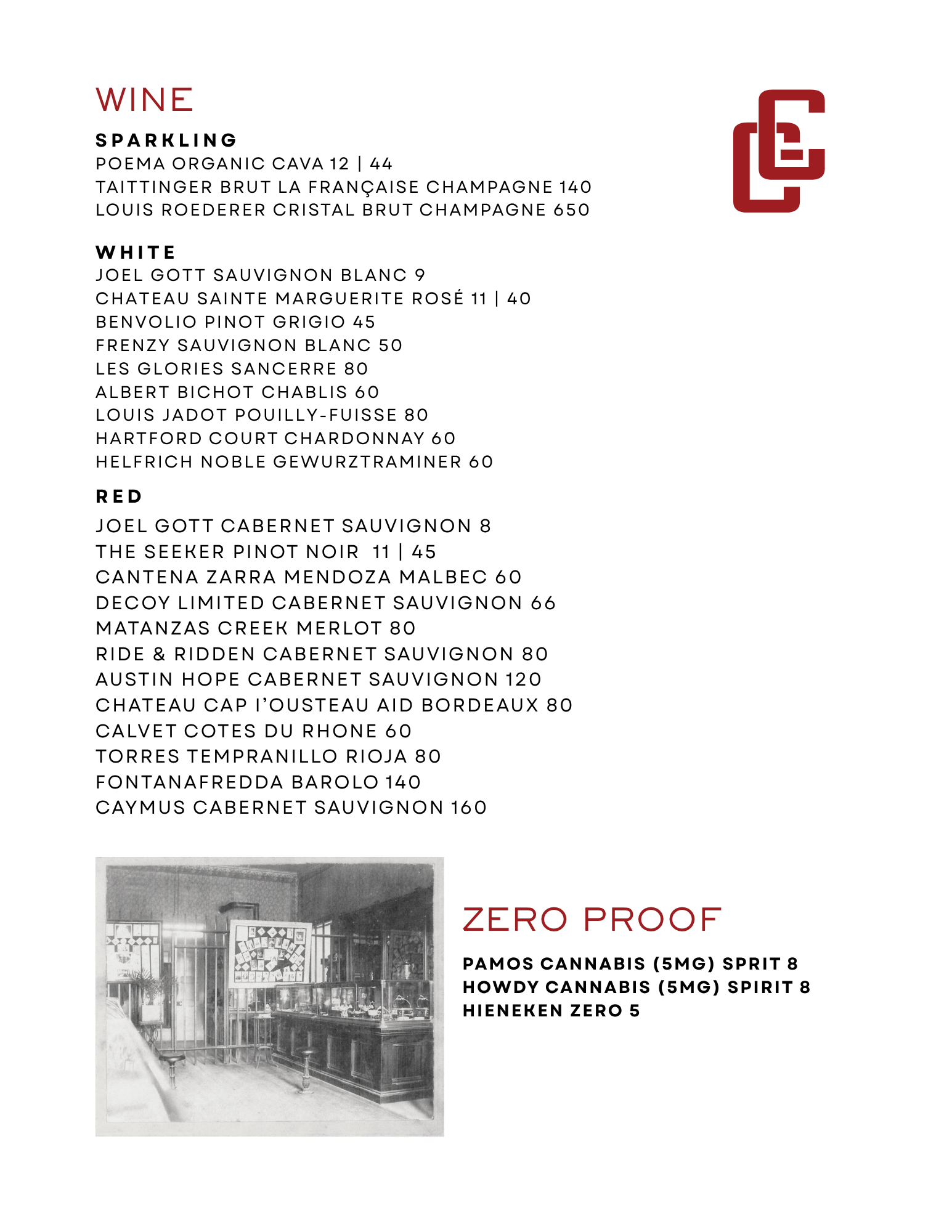 Wine menu featuring sections for sparkling, white, and red wines with various options and prices, plus a zero-proof non-alcoholic drinks menu with cannabis-infused and non-infused options, and a black-and-white photo of a bar area.