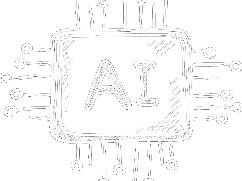 A chalk drawing of a computer chip with the letters A I inside the chip.