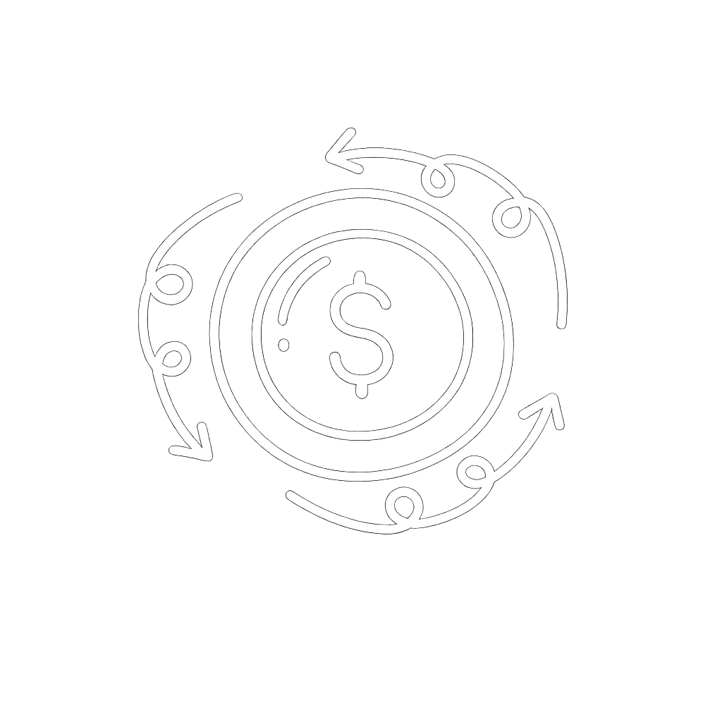 White line drawing of a dollar sign in the center surrounded by circular arrows, indicating financial growth or currency exchange.