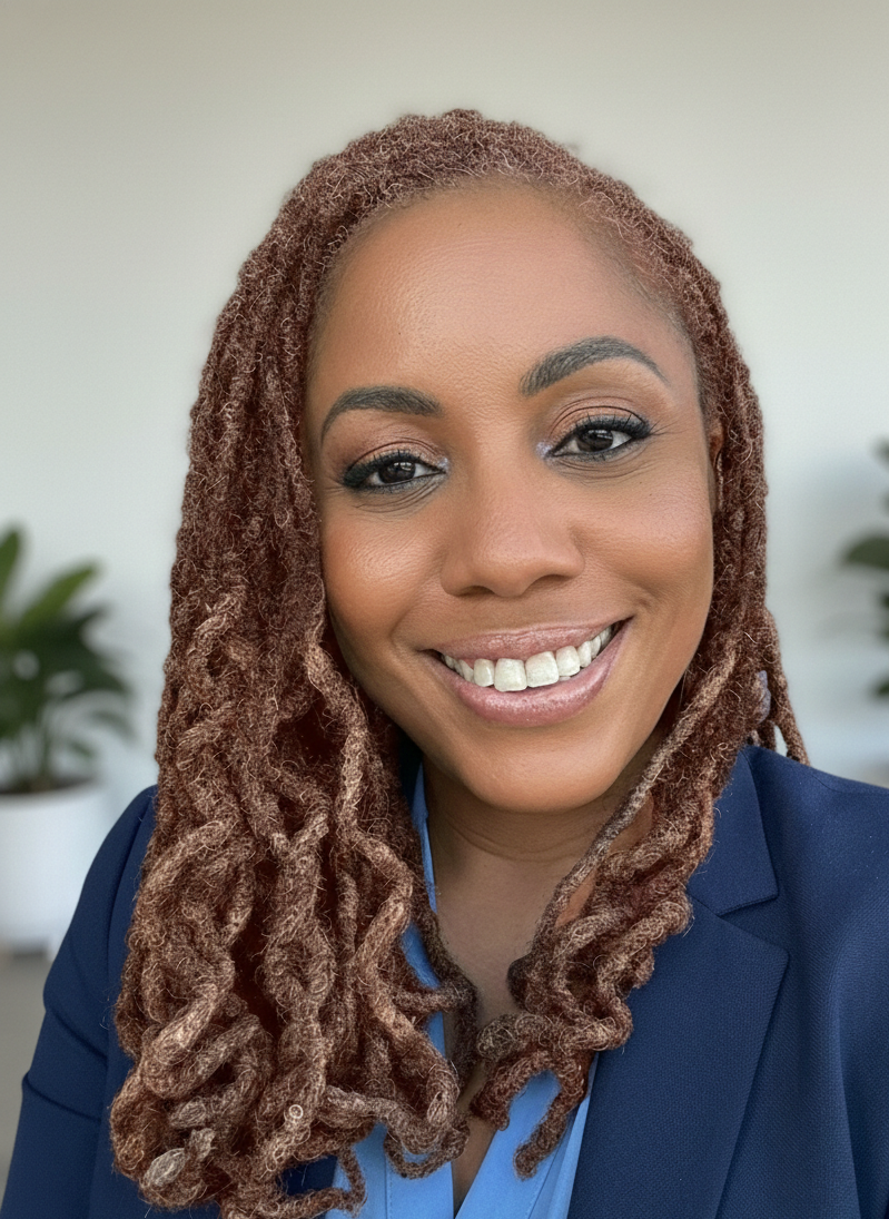 Close-up of a smiling woman with styled brown dreadlocks, wearing a dark blue blazer and light blue shirt, in an office with plants in the background.