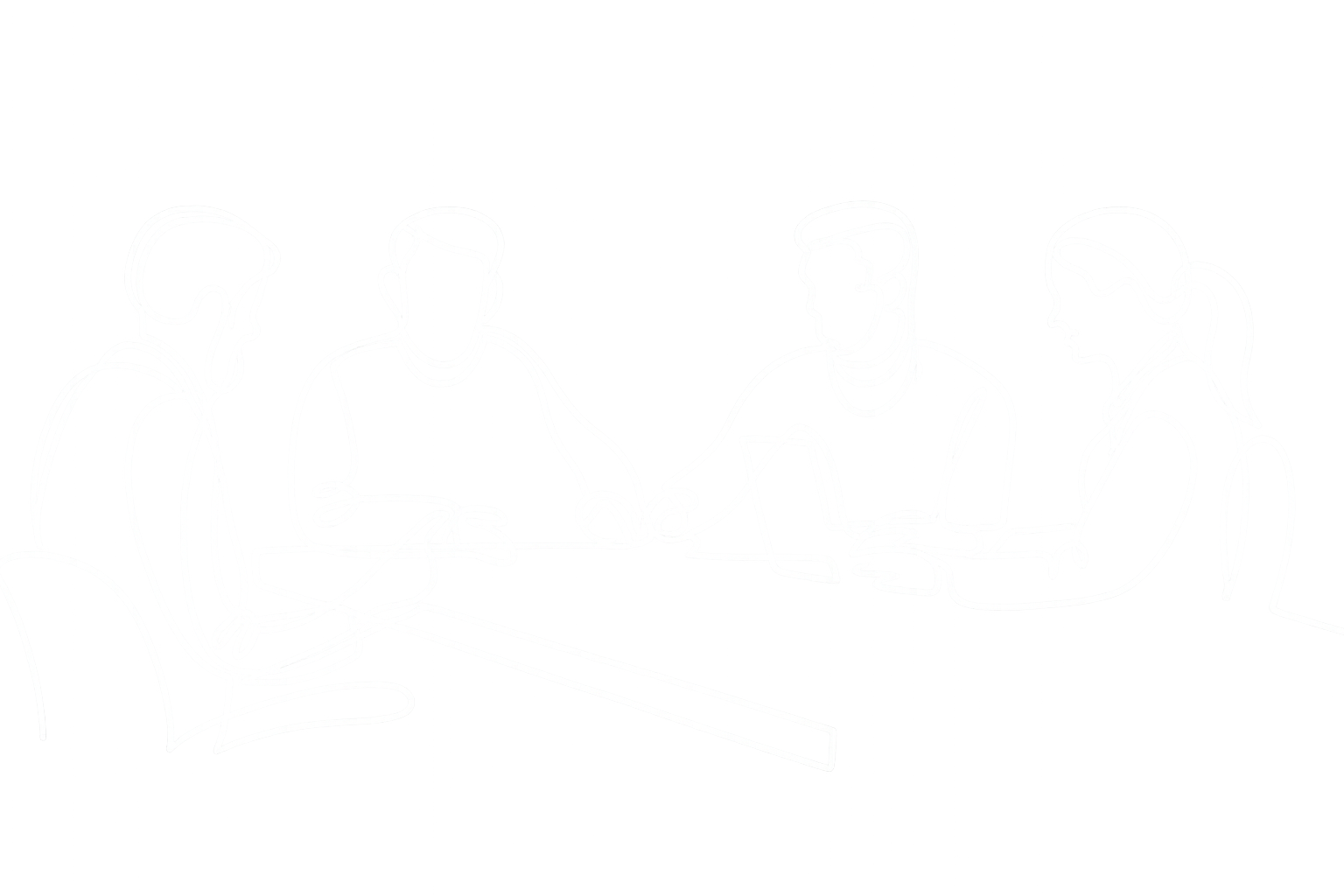 Line drawing of four people sitting around a table, discussing. One person has a laptop, others are talking and gesturing.
