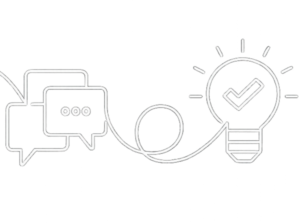 Illustration of speech bubbles connected through a spiral line to a lightbulb with a checkmark inside, symbolizing communication, ideas, and solutions.