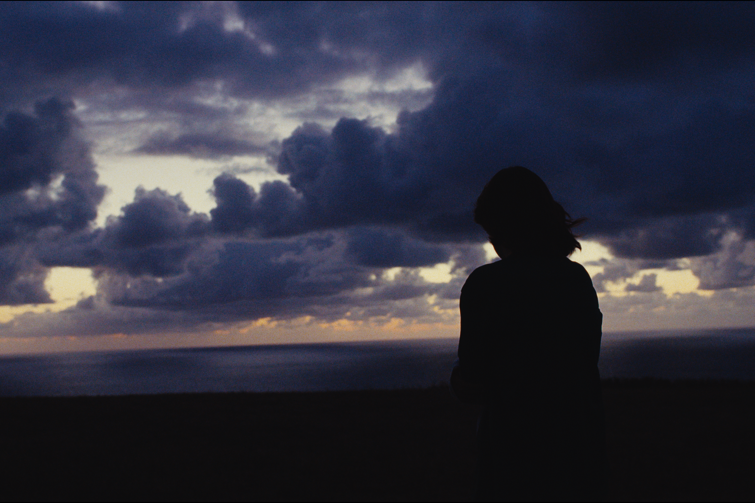Silhouette of a person with shoulder-length hair standing outdoors during sunset or twilight, with dark clouds in the sky.